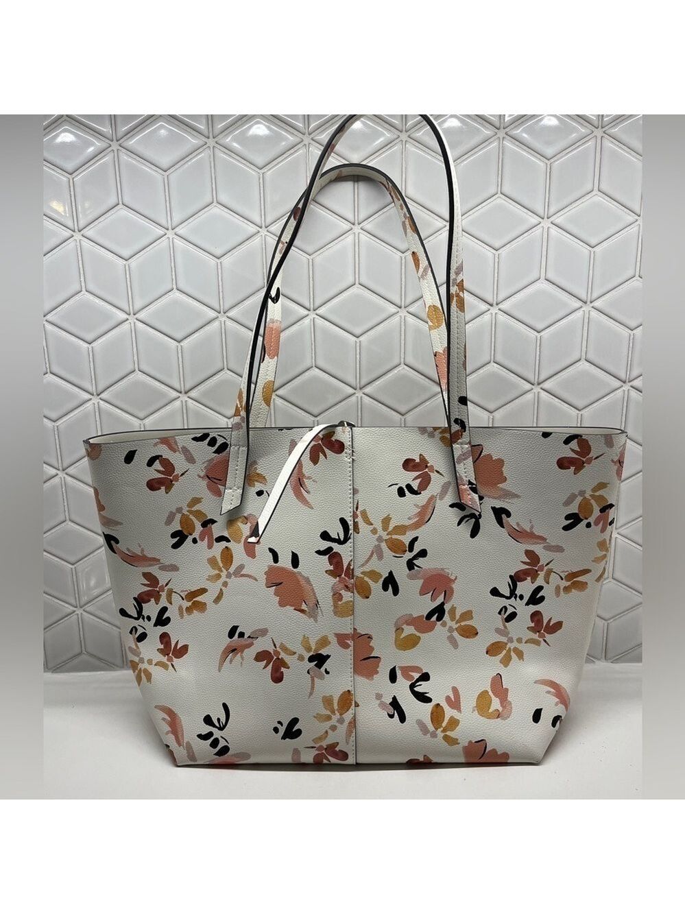 INDIGO Tote Bag Open Top PVC Faux Leather Abstract Floral Travel Office Commute